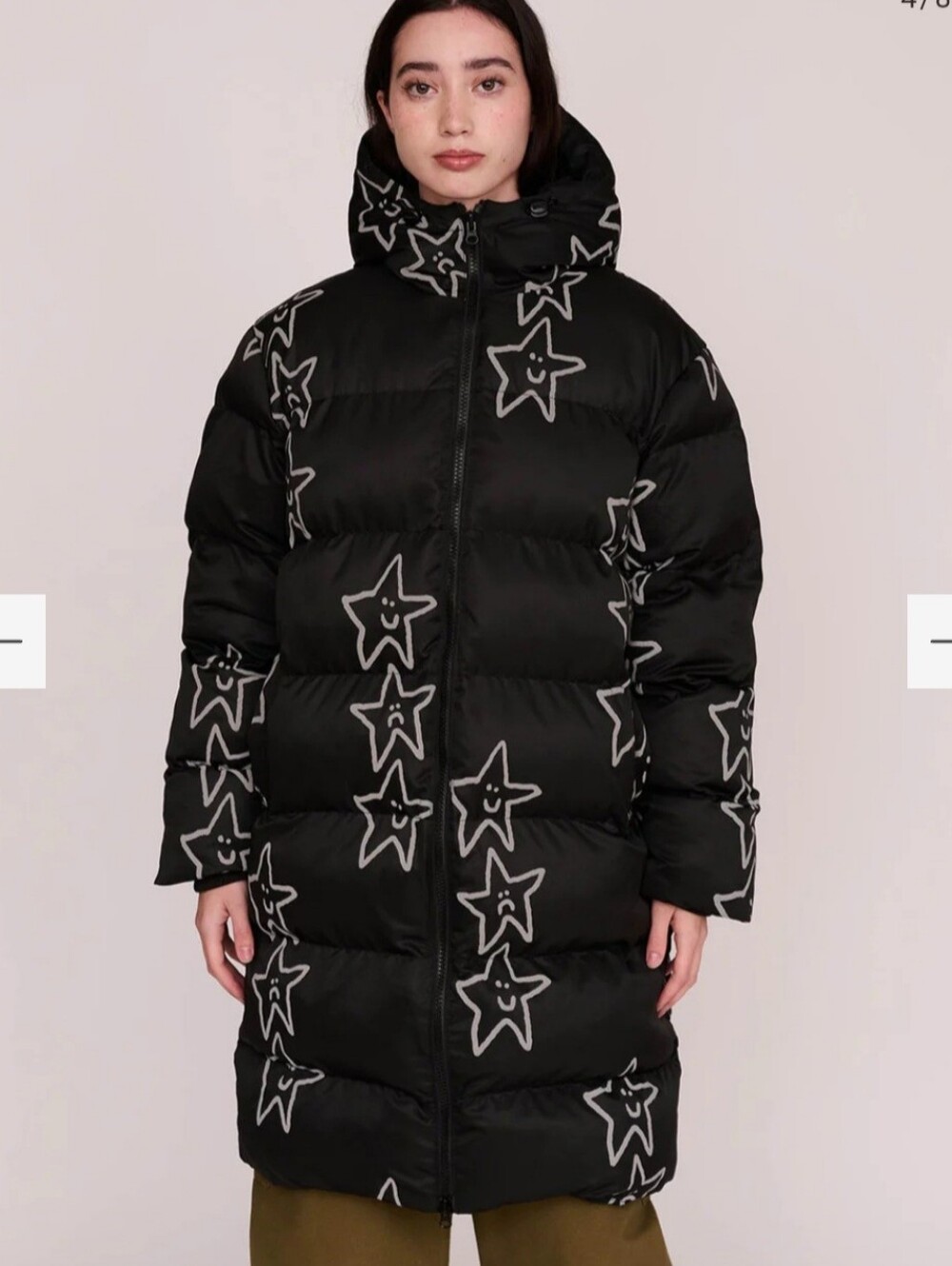 NWT! Lazy Oaf Happy Sad Reflective Print Longline Puffer Coat. Size S - Picture 4 of 16